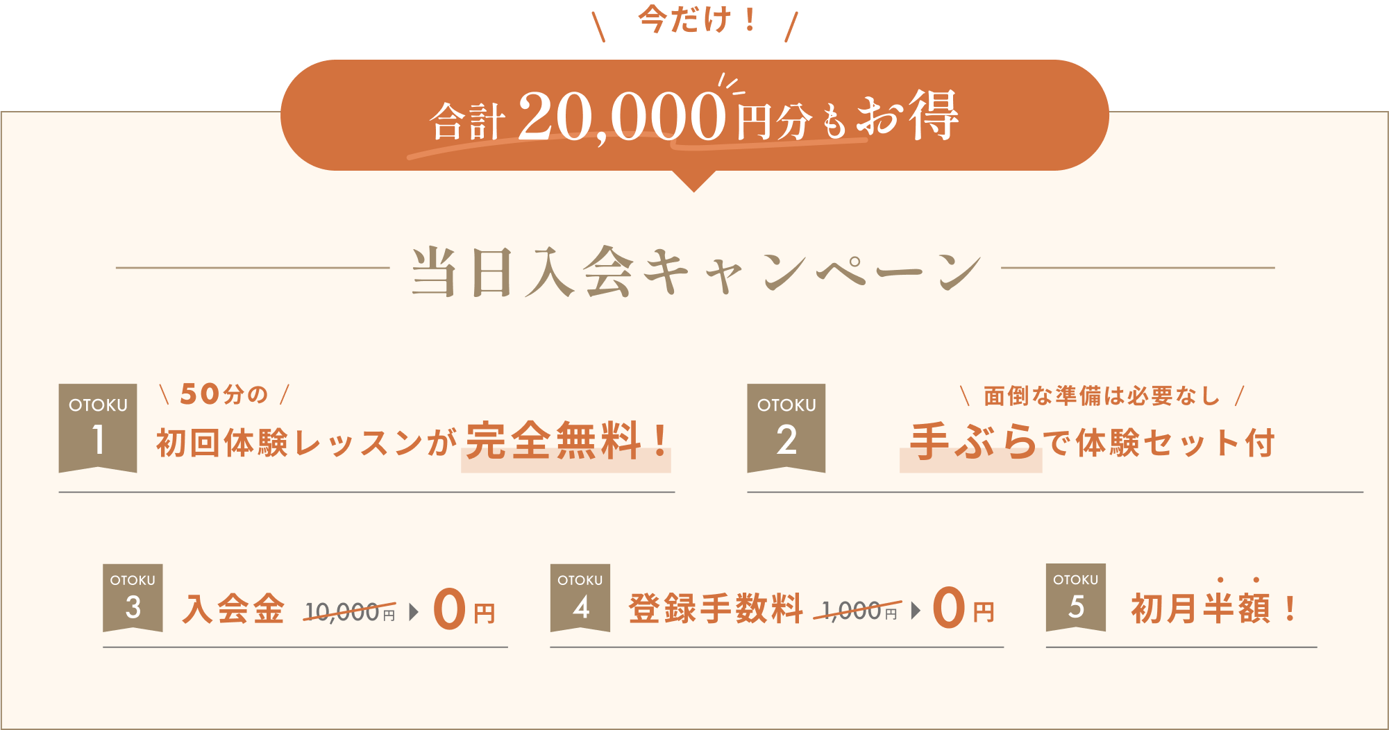 今だけ！合計20,000円分もお得OTOKU50分の無料！初回体験レッスンOTOKU面倒な準備は必要なし2手ぶらで体験セット付OTOKU3入会金10,0000円円OTOKU4登録手数料1,0000円円OTOKU5初月半額！