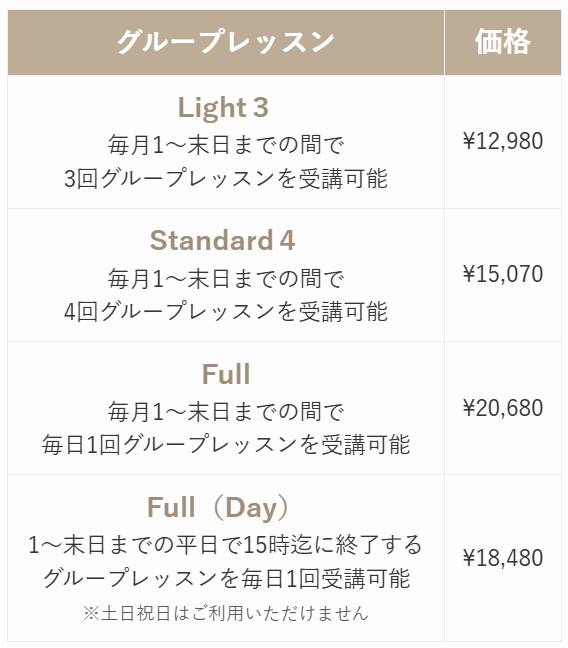 グループレッスン料金表