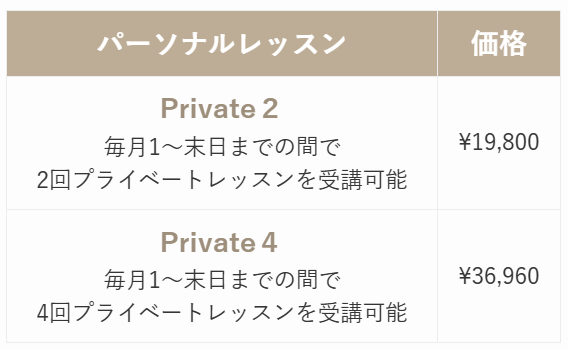 パーソナルレッスン料金表